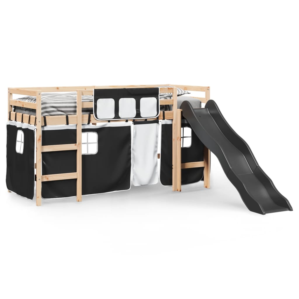 vidaXL Cama alta niños con cortinas madera pino blanco negro 90x200 cm