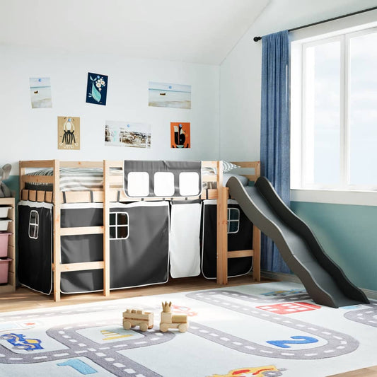 vidaXL Cama alta niños con cortinas madera pino blanco negro 90x200 cm