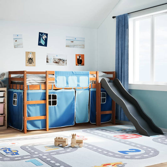 vidaXL Cama alta para niños con cortinas madera pino azul 90x200 cm