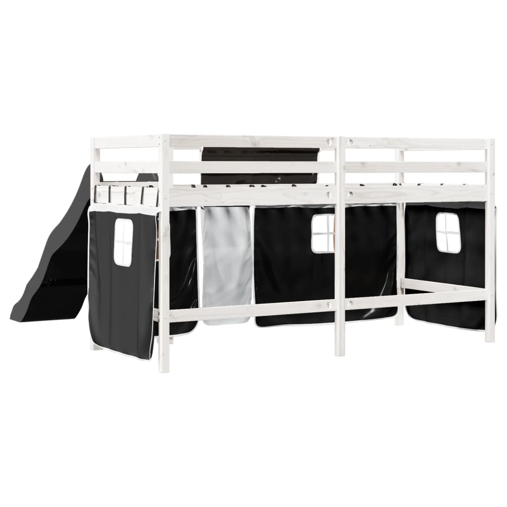 vidaXL Cama alta niños con cortinas madera pino blanco negro 90x190 cm