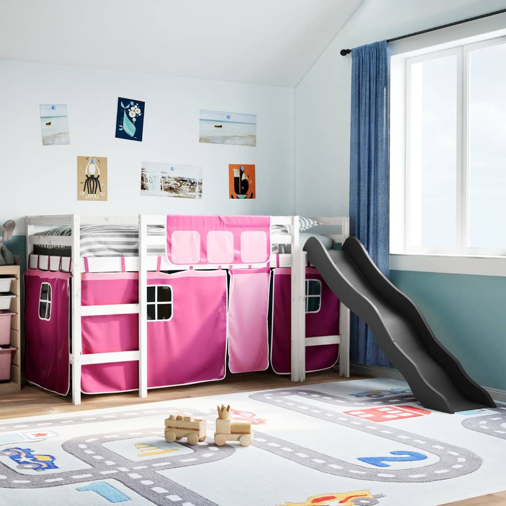 vidaXL Cama alta para niños con cortinas madera pino rosa 90x190 cm