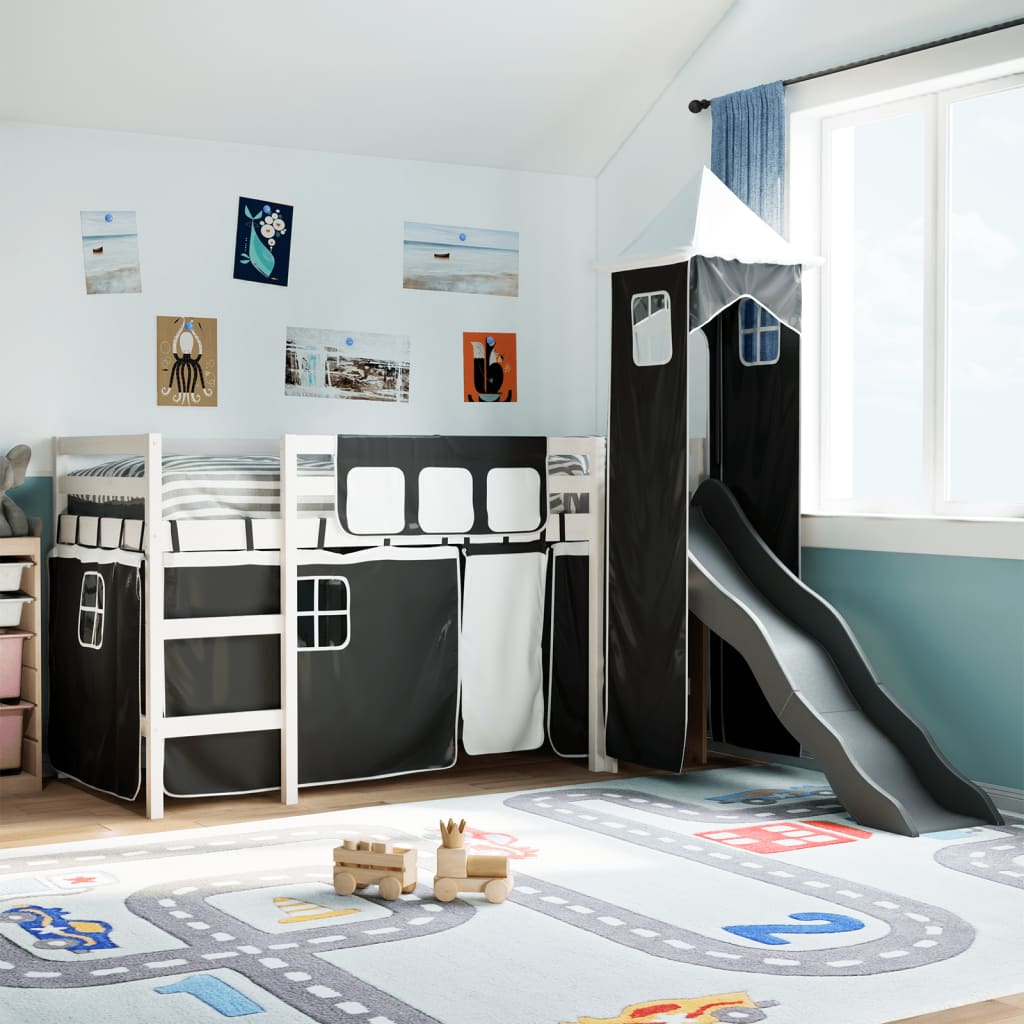 vidaXL Cama alta niños con torre madera pino blanco negro 80x200 cm