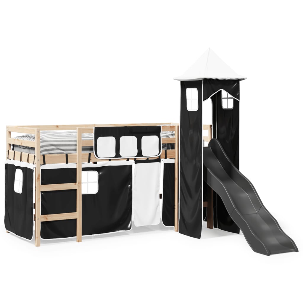 vidaXL Cama alta niños con torre madera pino blanco negro 90x200 cm