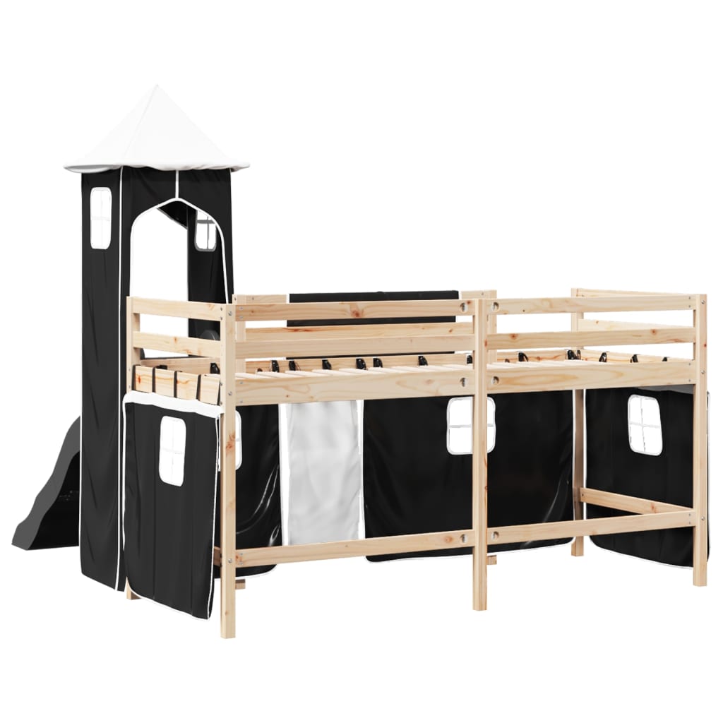 vidaXL Cama alta niños con torre madera pino blanco negro 90x200 cm