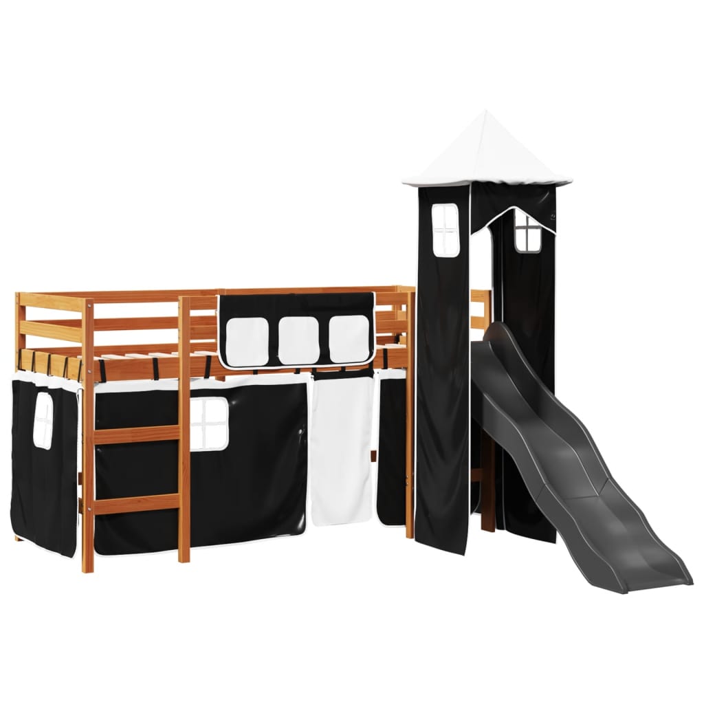 vidaXL Cama alta niños con torre madera pino blanco negro 90x200 cm