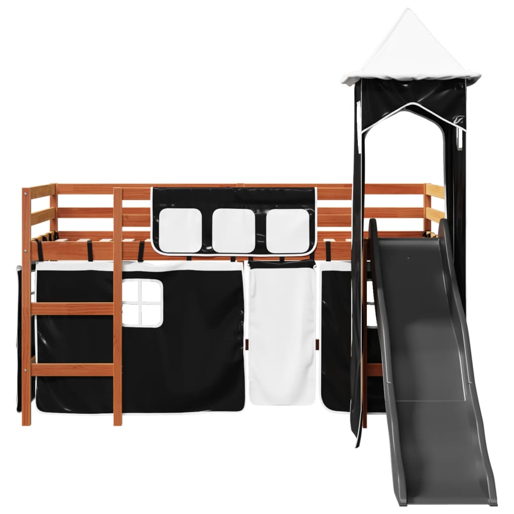 vidaXL Cama alta niños con torre madera pino blanco negro 90x200 cm