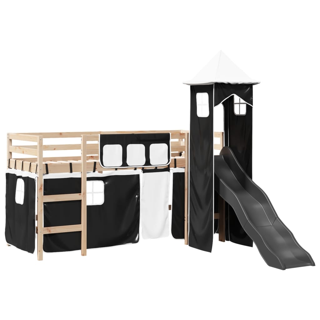 vidaXL Cama alta niños con torre madera pino blanco negro 90x190 cm