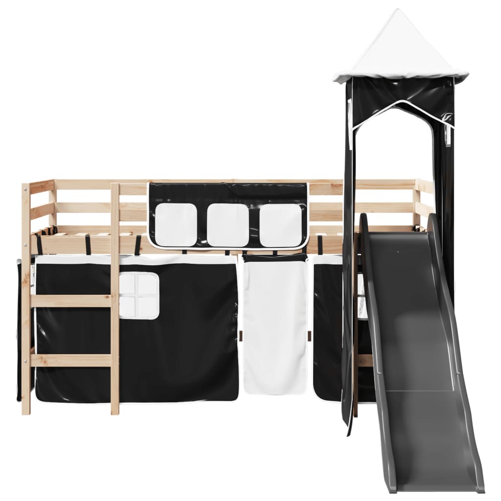 vidaXL Cama alta niños con torre madera pino blanco negro 90x190 cm