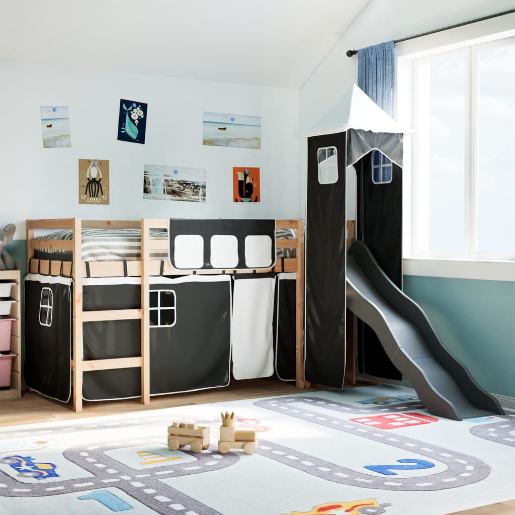 vidaXL Cama alta niños con torre madera pino blanco negro 90x190 cm