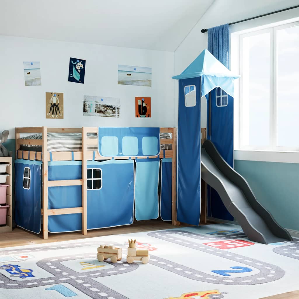 vidaXL Cama alta para niños con torre madera pino azul 90x190 cm