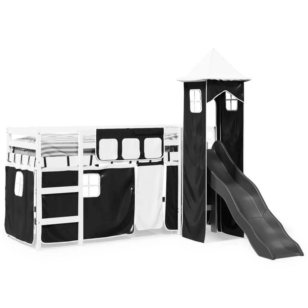 vidaXL Cama alta niños con torre madera pino blanco negro 90x190 cm