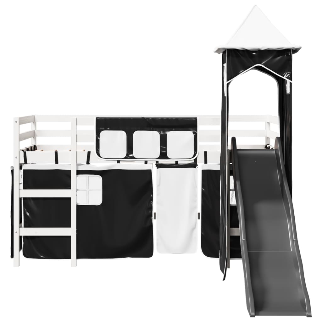 vidaXL Cama alta niños con torre madera pino blanco negro 90x190 cm