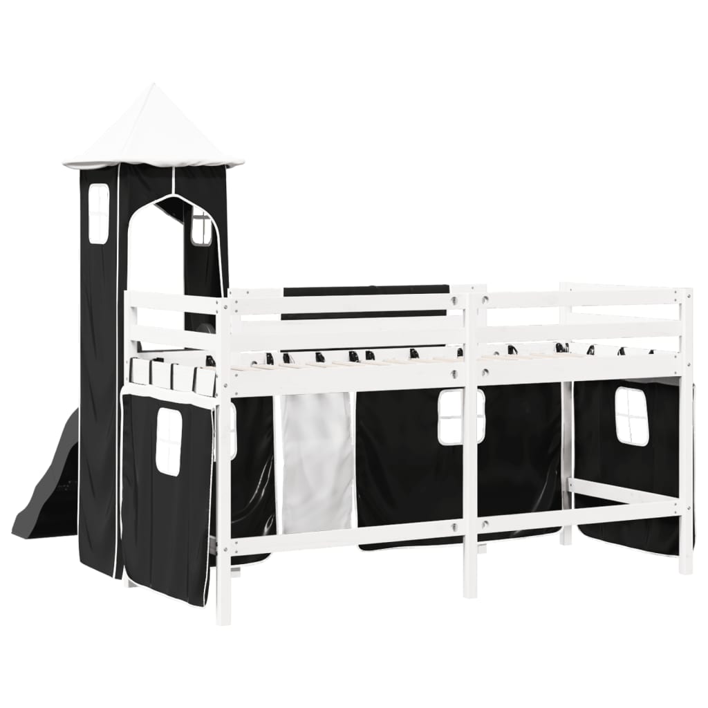 vidaXL Cama alta niños con torre madera pino blanco negro 90x190 cm