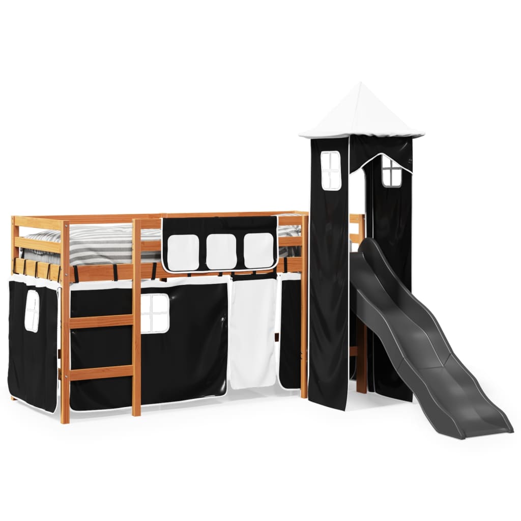 vidaXL Cama alta niños con torre madera pino blanco negro 90x190 cm