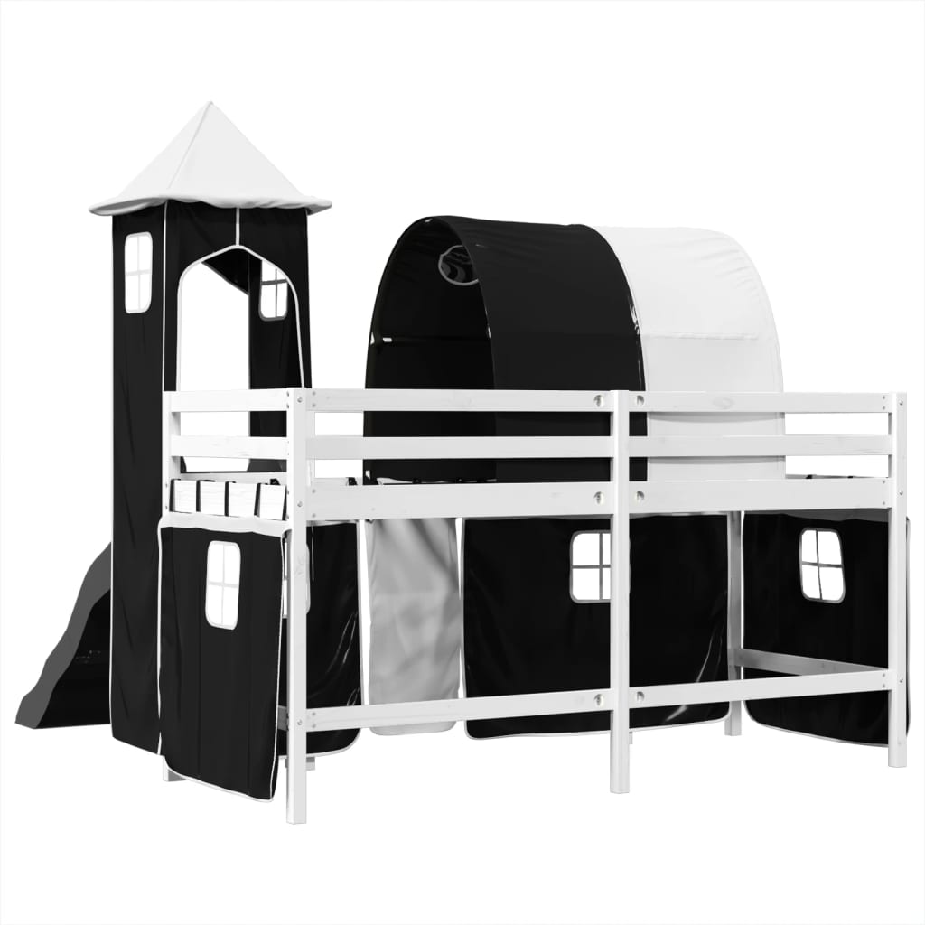 vidaXL Cama alta niños con torre madera pino blanco negro 80x200 cm