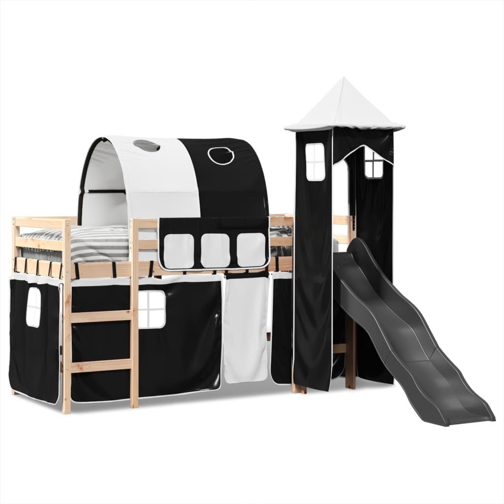 vidaXL Cama alta niños con torre madera pino blanco negro 90x200 cm