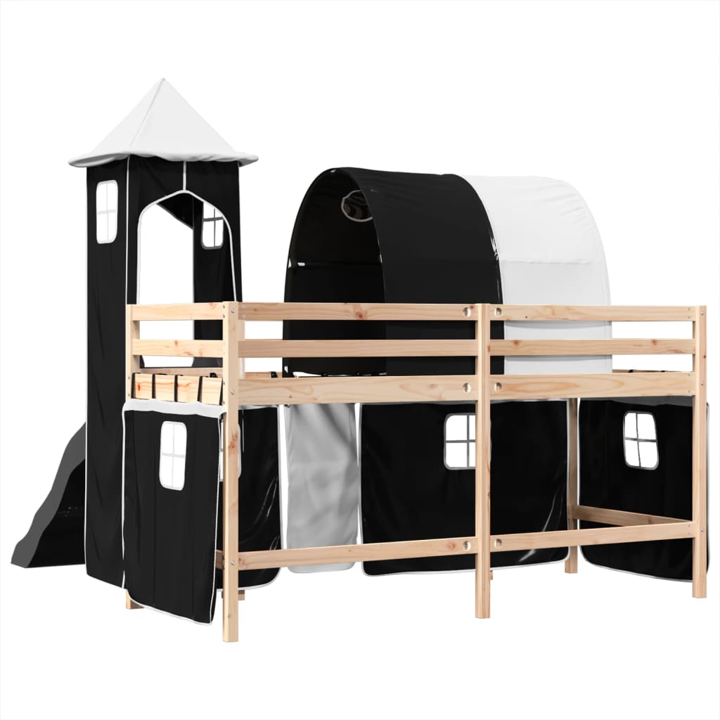 vidaXL Cama alta niños con torre madera pino blanco negro 90x200 cm