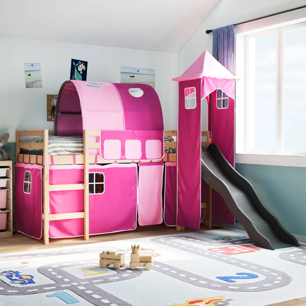 vidaXL Cama alta para niños con torre madera pino rosa 90x200 cm