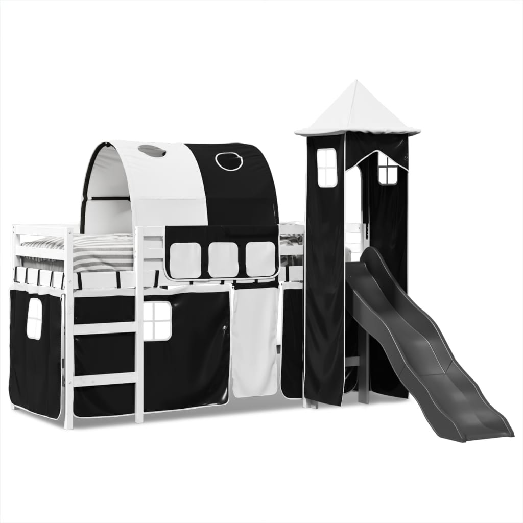 vidaXL Cama alta niños con torre madera pino blanco negro 90x200 cm