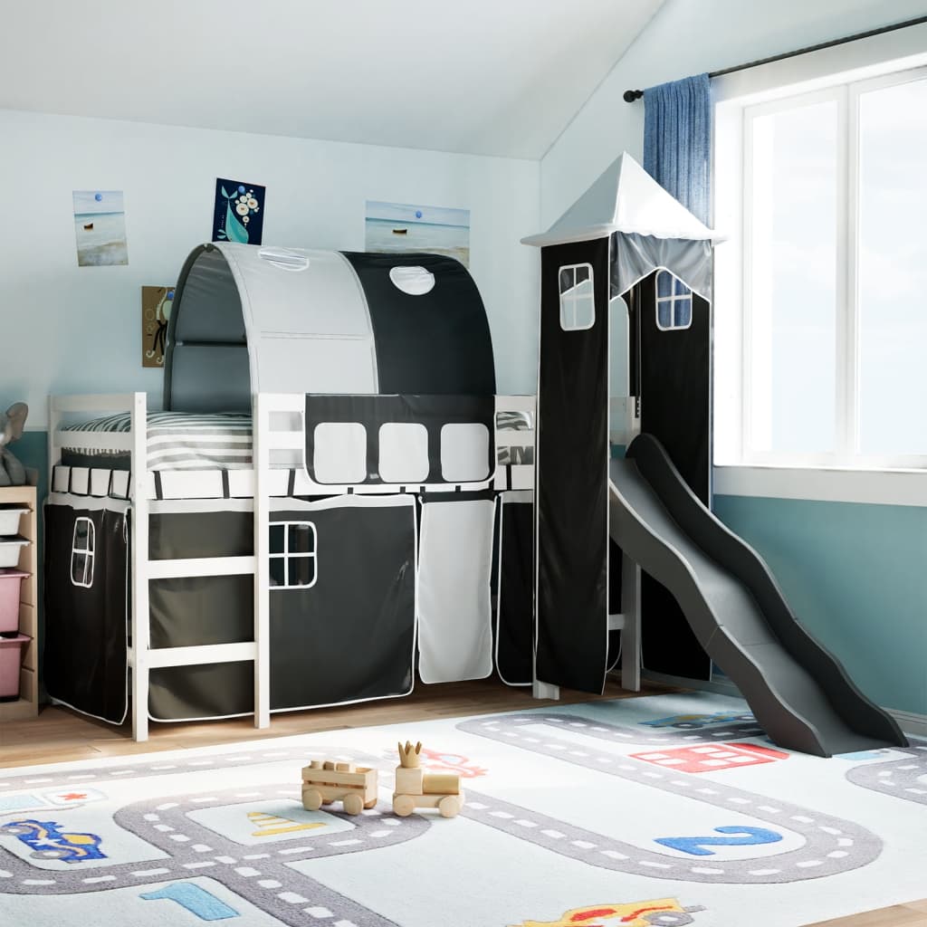 vidaXL Cama alta niños con torre madera pino blanco negro 90x200 cm