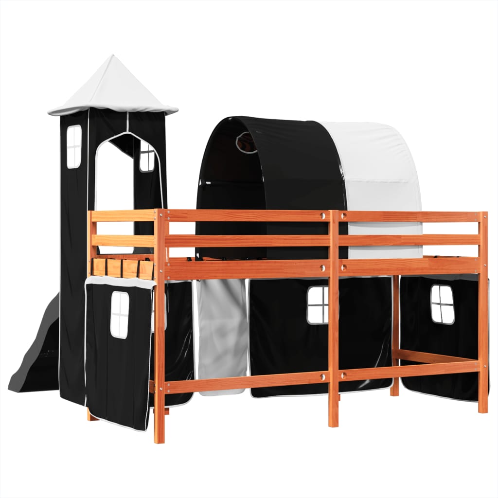 vidaXL Cama alta niños con torre madera pino blanco negro 90x200 cm