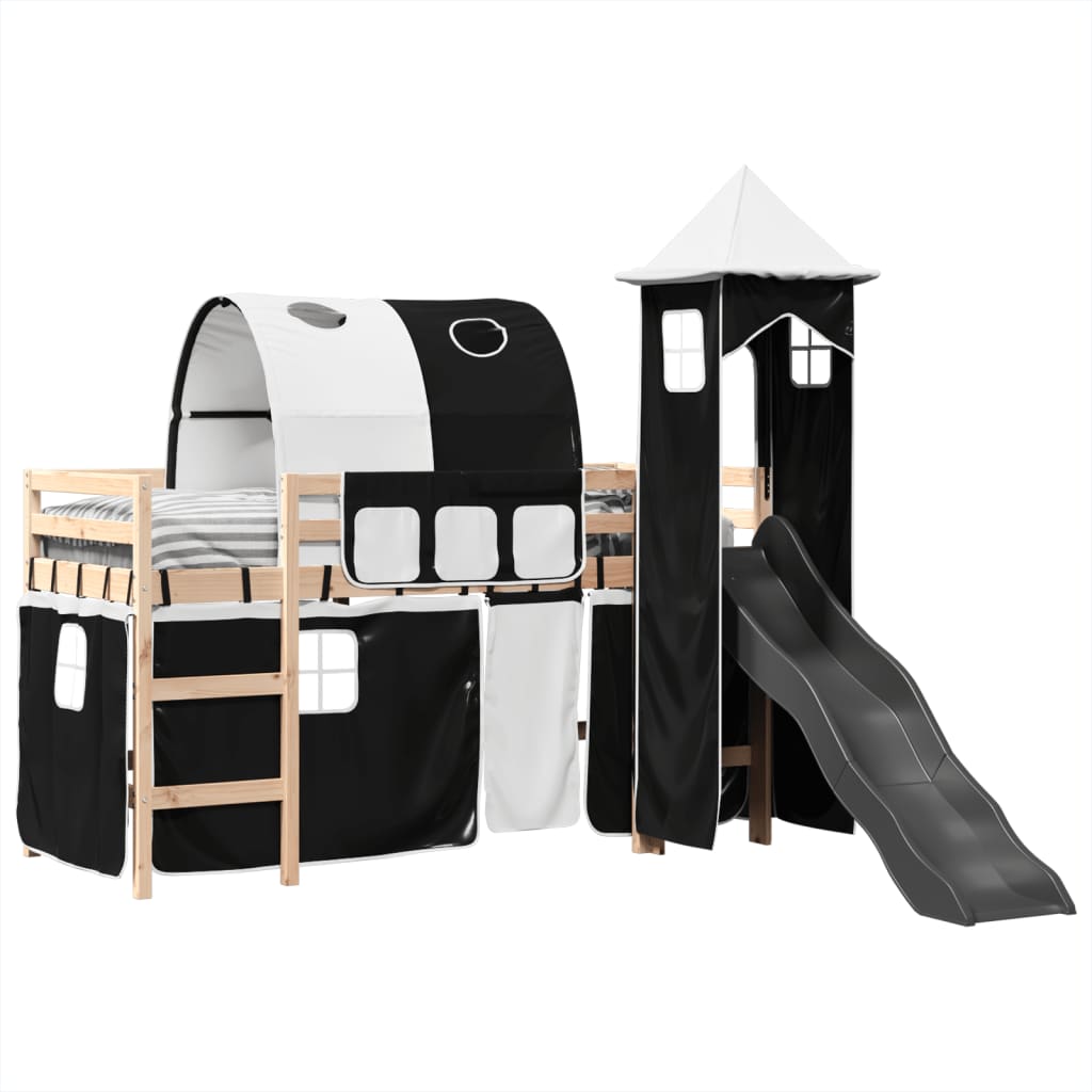 vidaXL Cama alta niños con torre madera pino blanco negro 90x190 cm