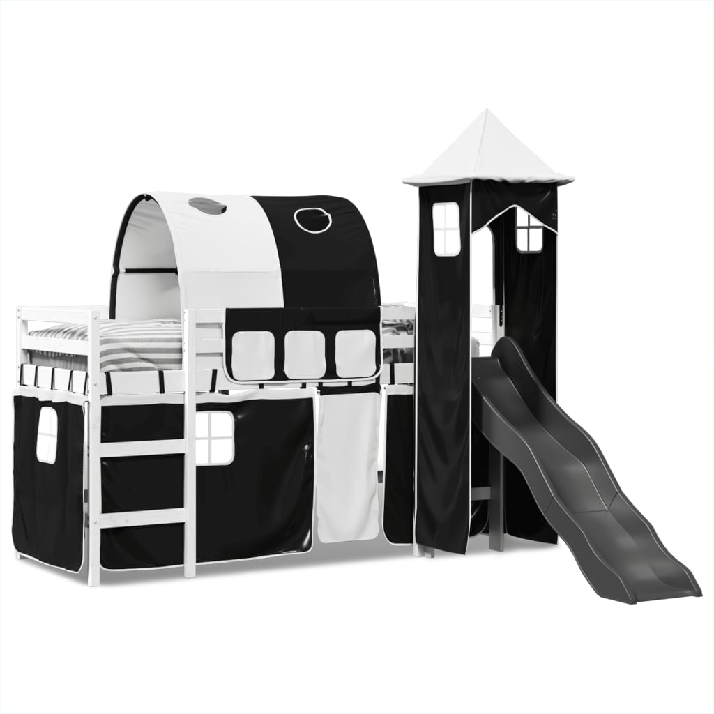 vidaXL Cama alta niños con torre madera pino blanco negro 90x190 cm