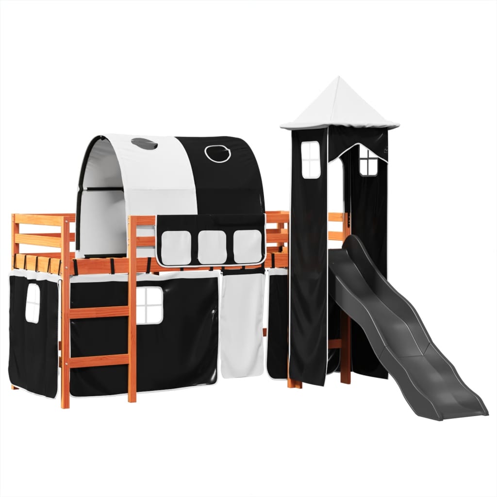 vidaXL Cama alta niños con torre madera pino blanco negro 90x190 cm