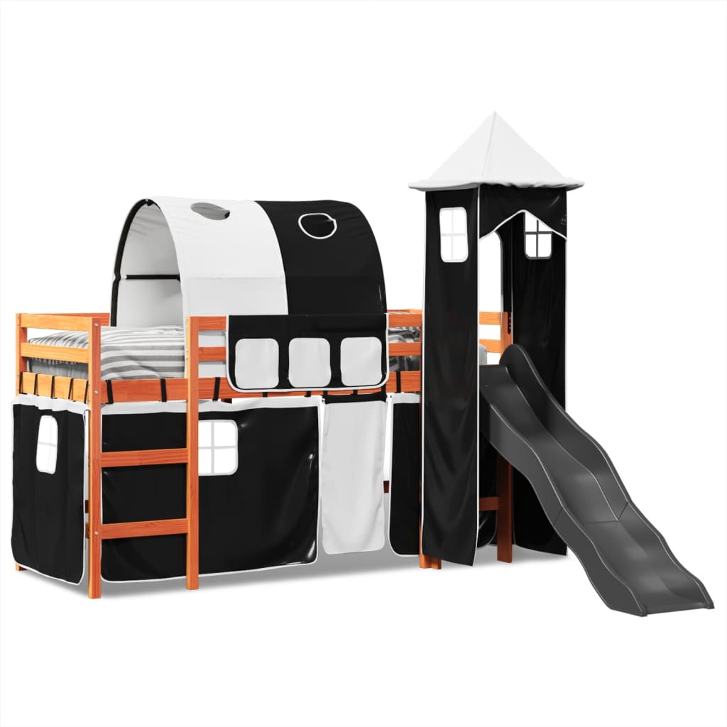 vidaXL Cama alta niños con torre madera pino blanco negro 90x190 cm