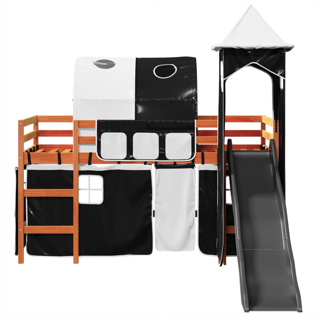 vidaXL Cama alta niños con torre madera pino blanco negro 90x190 cm