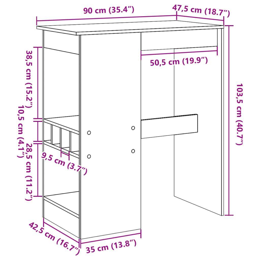 vidaXL Mesa alta con estantes madera ingeniería 90x47,5x103,5 cm