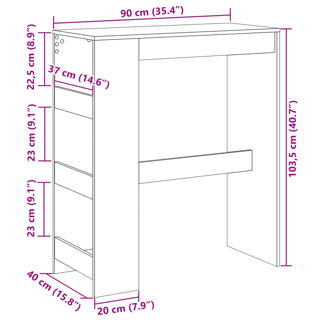 vidaXL Mesa alta bar con estantes madera gris hormigón 90x40x103,5 cm