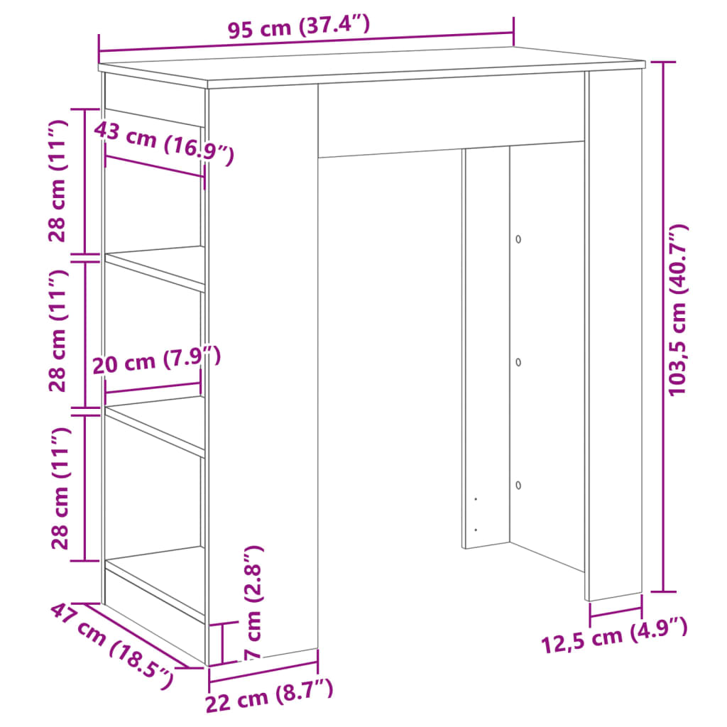 vidaXL Mesa alta bar con estantes madera roble Sonoma 95x47x103,5 cm