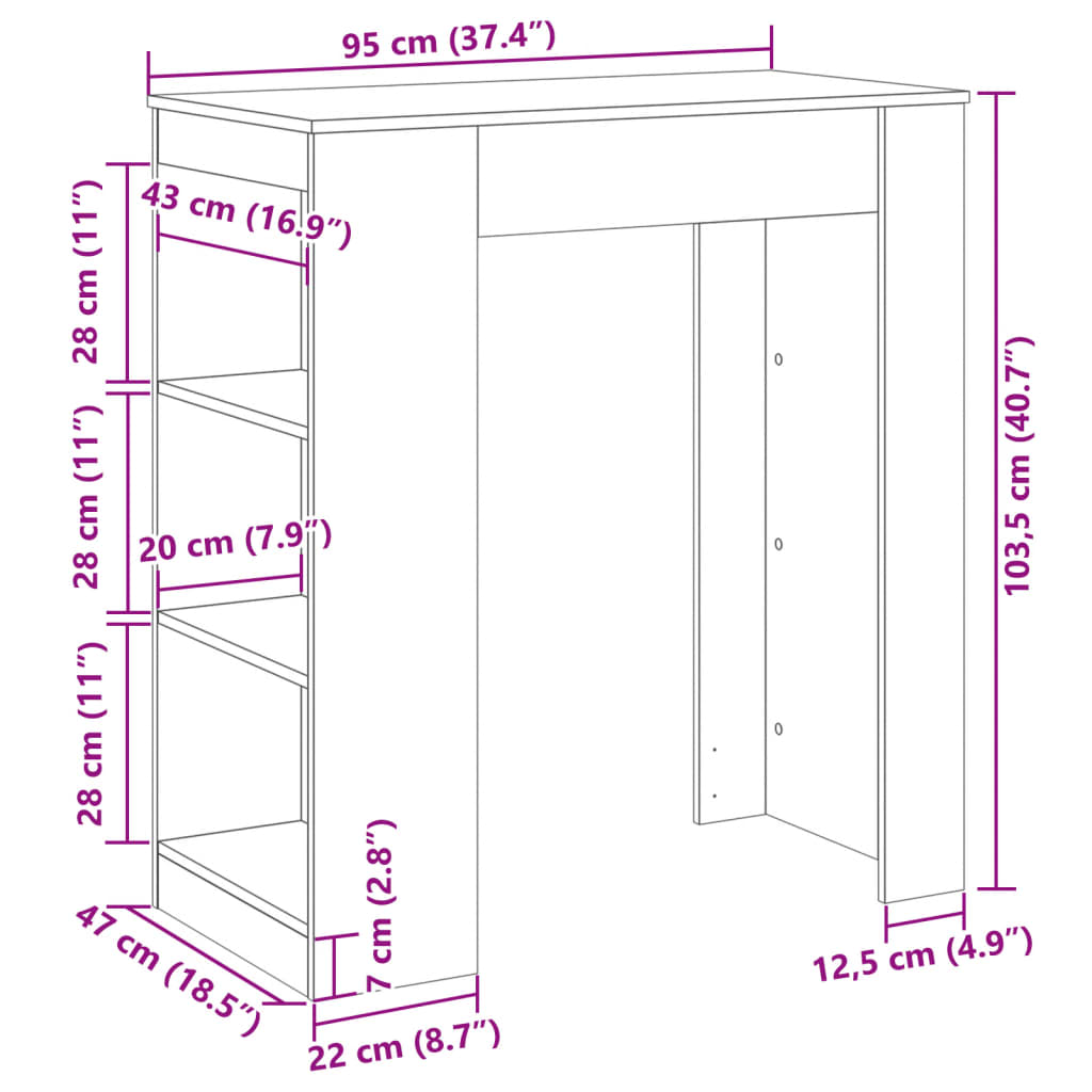 vidaXL Mesa alta bar con estantes roble ahumado 95x47x103,5 cm