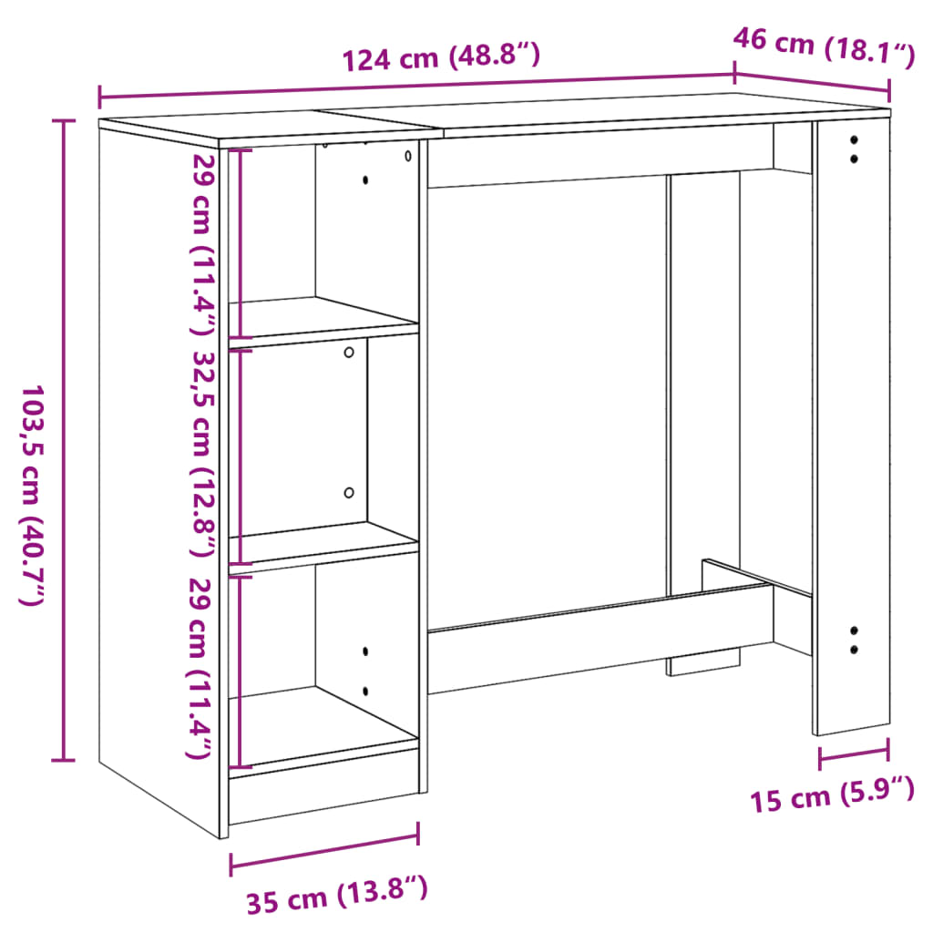 vidaXL Mesa alta con estante roble ahumado 124x46x103,5 cm