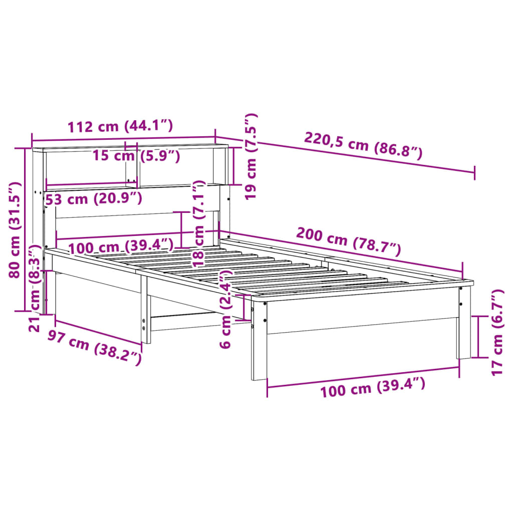 vidaXL Cama con estantería sin colchón madera maciza de pino 100x200cm