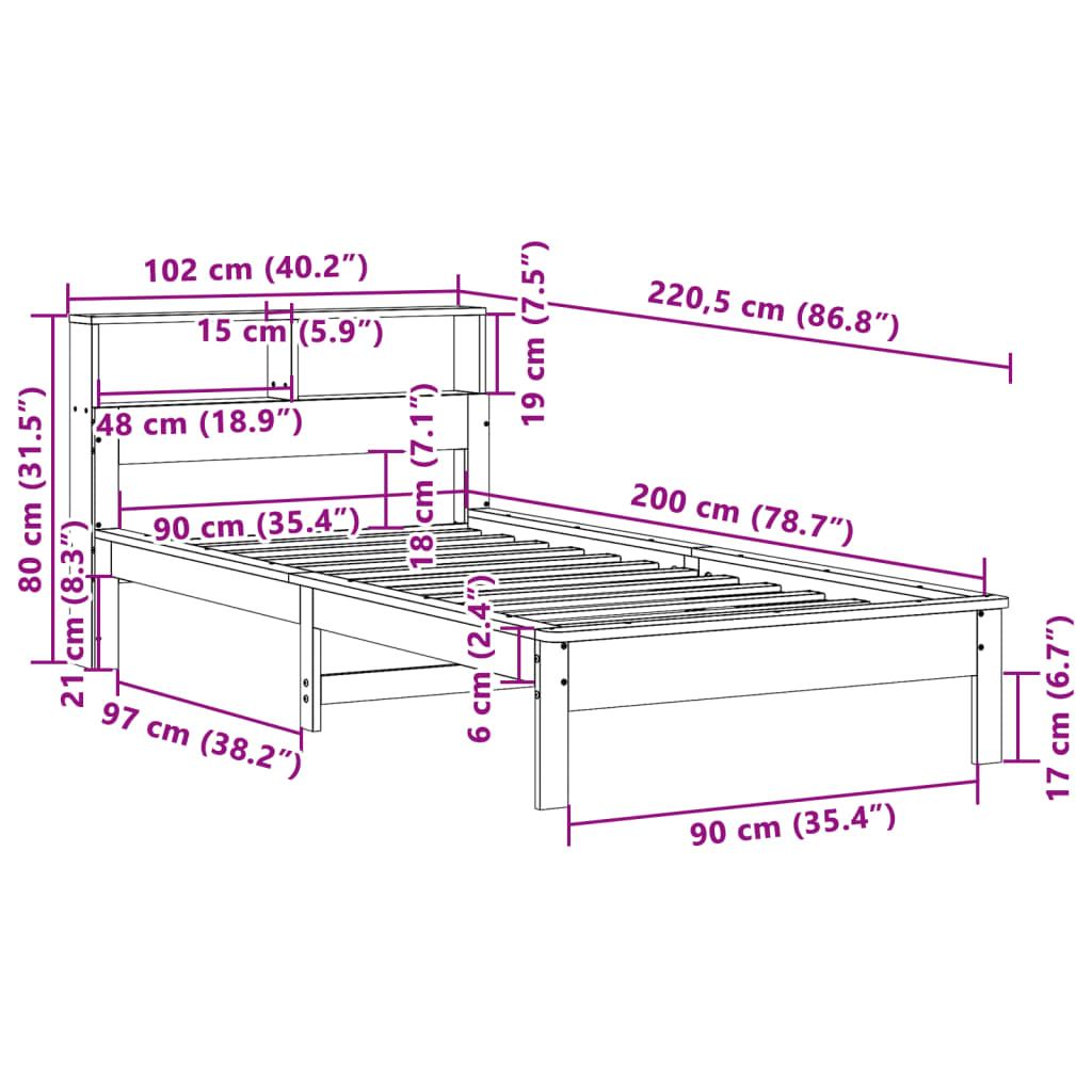 vidaXL Cama con estantería sin colchón madera maciza de pino 90x200 cm