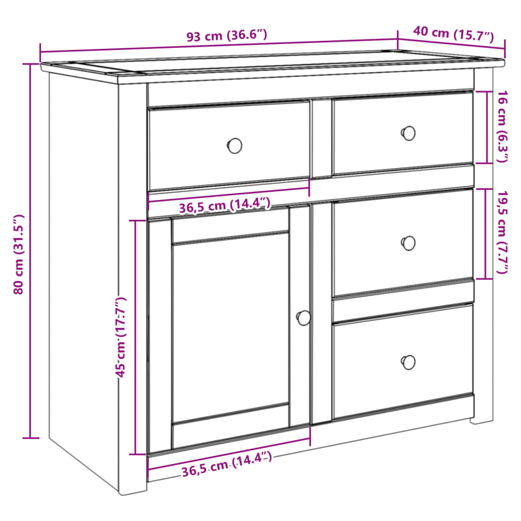 vidaXL Aparador con cajones Panama madera maciza pino 93x40x80 cm