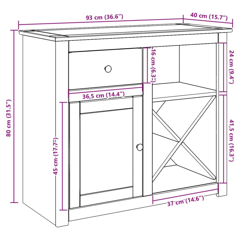 vidaXL Aparador con cajón Panama madera maciza pino 93x40x80 cm