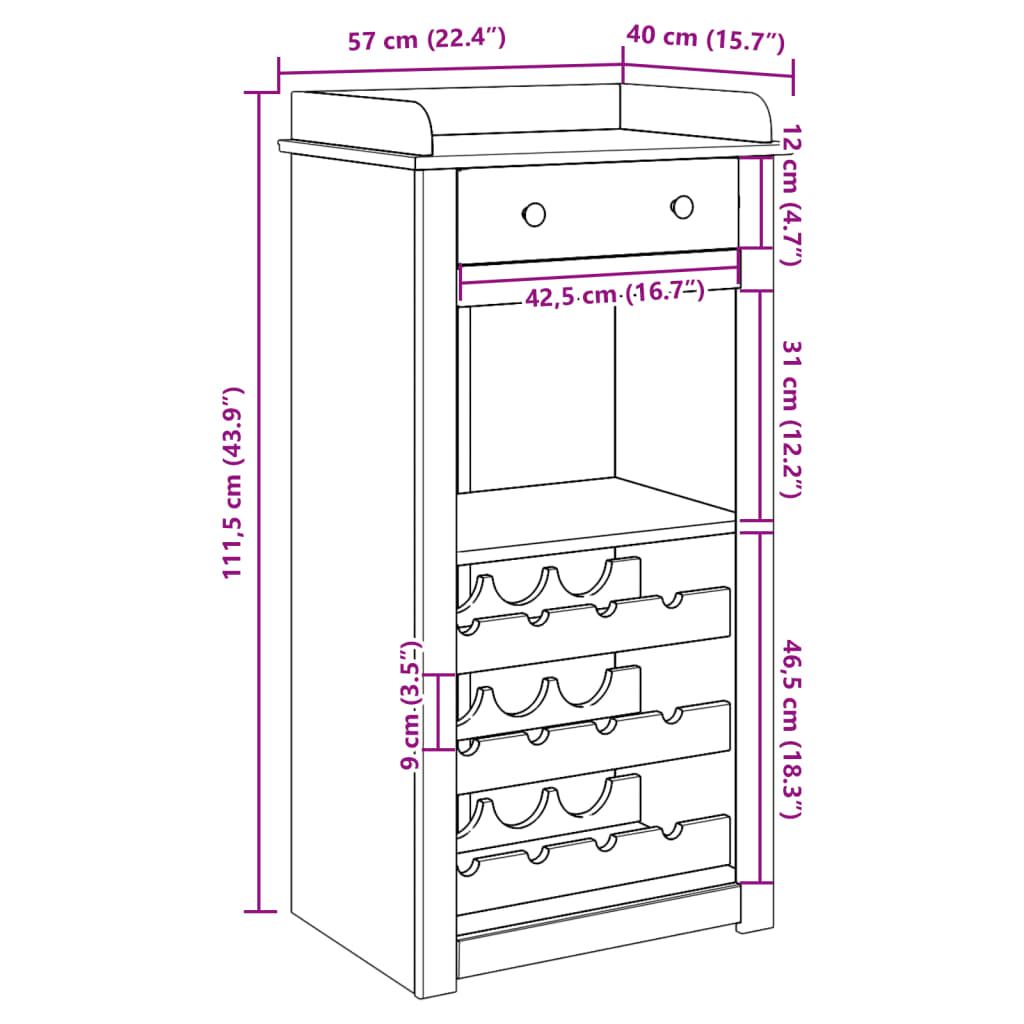 vidaXL Mueble botellero Panama madera maciza de pino 57x40x111,5 cm