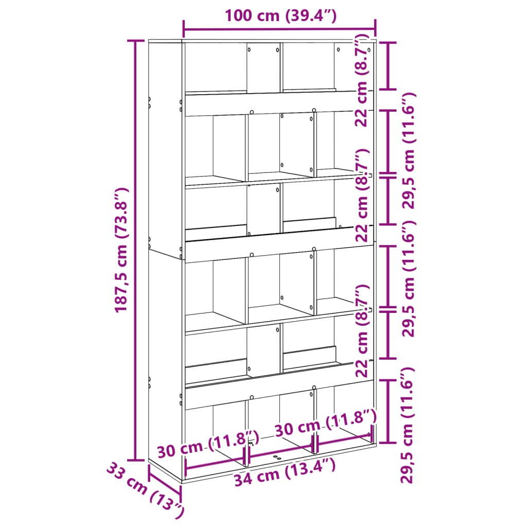 vidaXL Estantería madera de ingeniería gris hormigón 100x33x187,5 cm