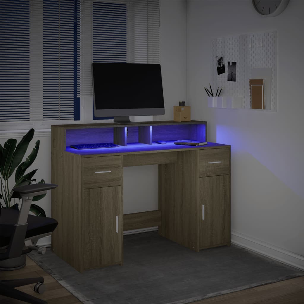 vidaXL Escritorio con LED madera ingeniería roble Sonoma 120x55x91 cm