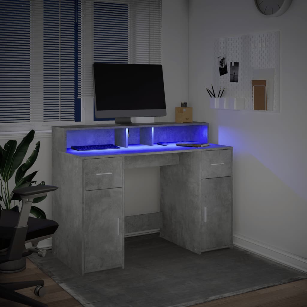 vidaXL Escritorio con LED madera ingeniería gris hormigón 120x55x91 cm