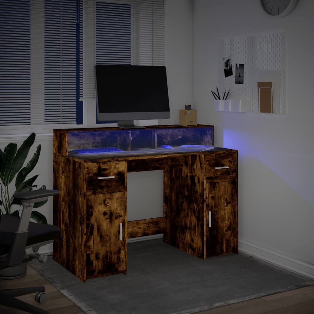 vidaXL Escritorio con LED madera ingeniería roble ahumado 120x55x91 cm