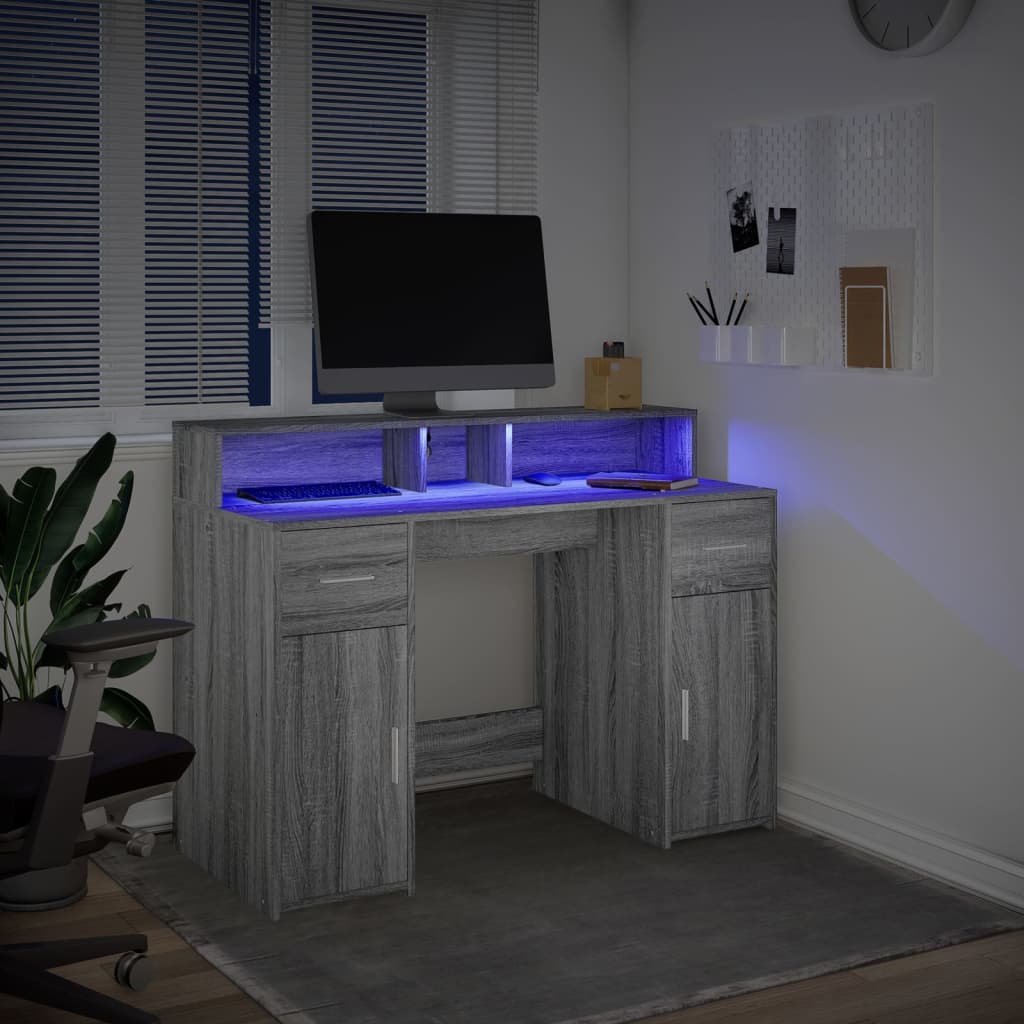 vidaXL Escritorio con LED madera ingeniería gris sonoma 120x55x91 cm