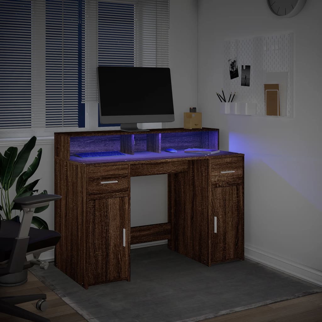 vidaXL Escritorio con LED madera ingeniería marrón roble 120x55x91 cm