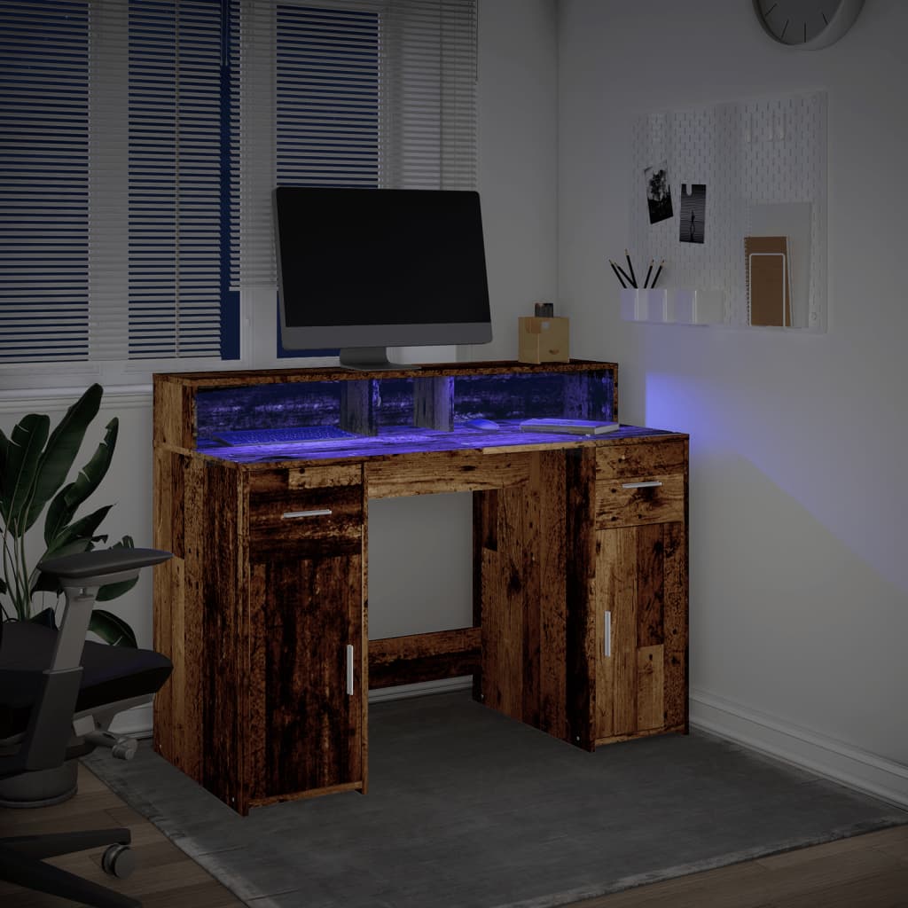 vidaXL Escritorio con LED madera ingeniería envejecida 120x55x91 cm