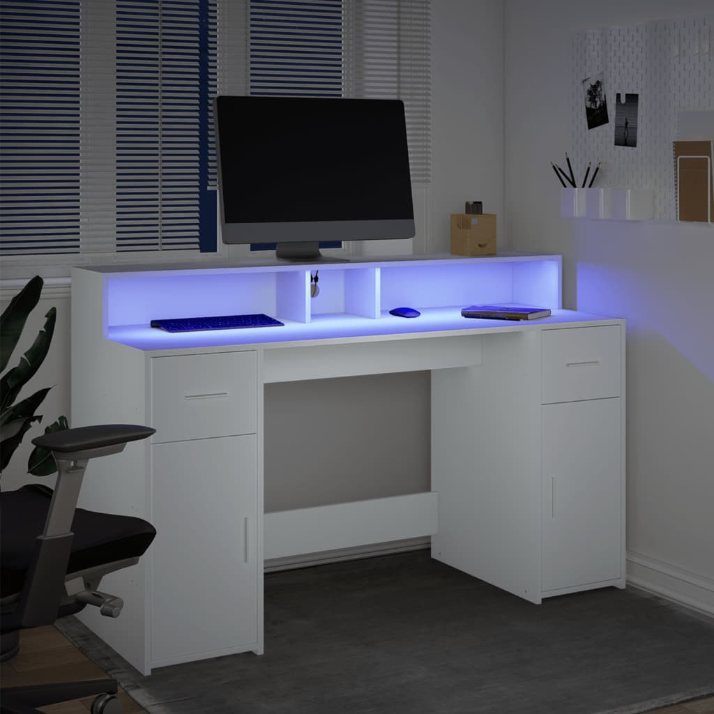 vidaXL Escritorio con luz LED madera ingeniería blanco 140x55x91 cm