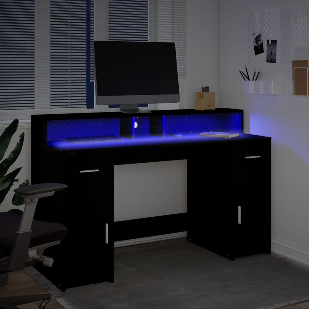 vidaXL Escritorio con luz LED madera ingeniería negro 140x55x91 cm