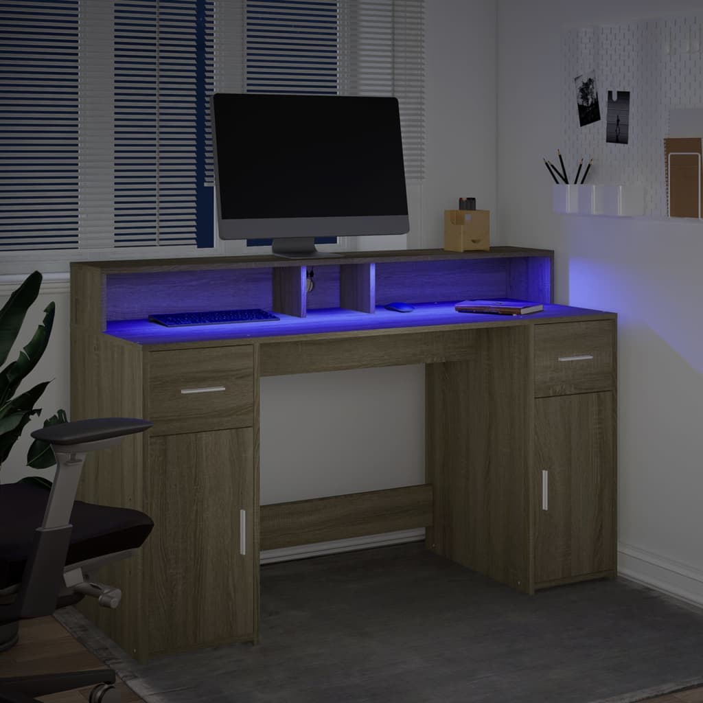 vidaXL Escritorio con LED madera ingeniería roble Sonoma 140x55x91 cm